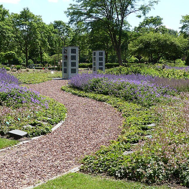 Een pad door een tuin met paarse bloemen en groene struiken, omringd door bomen.