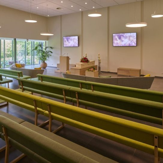 Moderne ruimte met groene banken, een podium en grote ramen met uitzicht op de natuur.